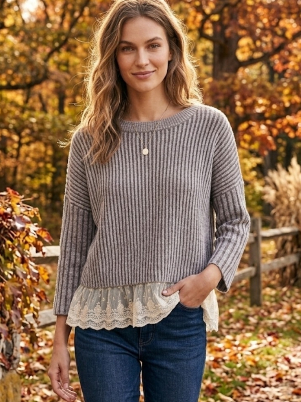 THML Gray Ribbed Crewneck Sweater with Lace Hem